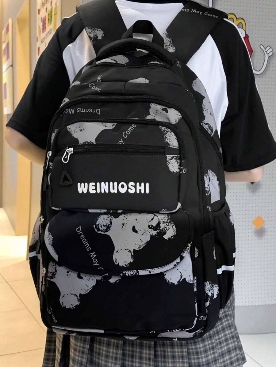 Women's Fashion Versatile Functional Backpack With Bear Print, School Backpack - Multicolor - View 1