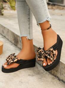 Sandalias de verano para mujer para uso en exteriores, sandalias de playa, con estampado de leopardo, lazo y decoración con rhinestones, transpirables y hechas a mano, adecuadas para la playa y uso casual en el hogar; Chanclas con suela gruesa y talla grande, color negro