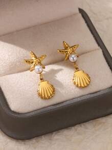 1 par de brincos com pingente de concha de estrela-do-mar, pérola falsa, para mulheres, cor dourada, aço inoxidável, joias para festa de verão na praia, presente