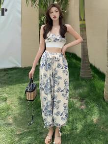 Conjunto de pantalones de verano de 2 piezas para mujer, sin mangas, hombros descubiertos, parte superior, cintura alta, pantalones de pierna ancha, ropa de calle Y2k - Azul - Ver 4