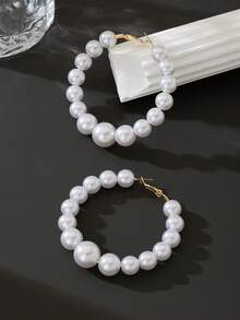 1 Pair Fashionable Versatile Pearl Hoop Earrings, Jewelry Accessory Suitable For Daily Wear - Holiday Gift - White - View 2