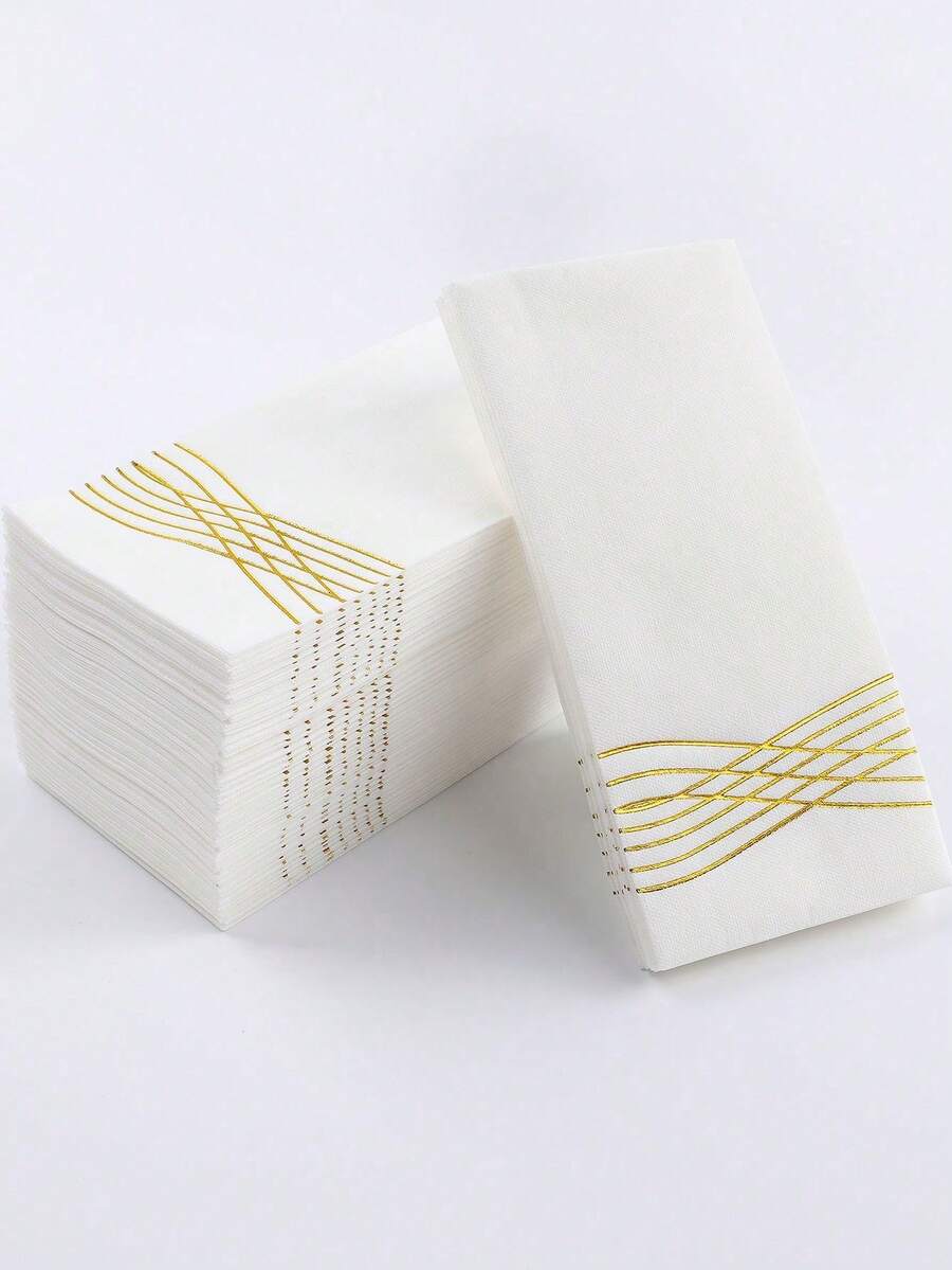 25pcs Disposable Party Napkins, Metallic Foil Printed Decorative Paper Towels, Soft & Absorbent, Suitable For Wedding, Birthday, 8.5" X 4" (21.6cm X 10.2cm) - Gold - View 1