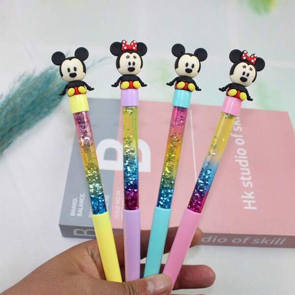 Disney 4Pcs/Set Mickey Minnie Magic Colorful Fairy Stick Internet Celebrity Flow Sand Pen Neutral Pen Student Stationery School Supplies, Back To School