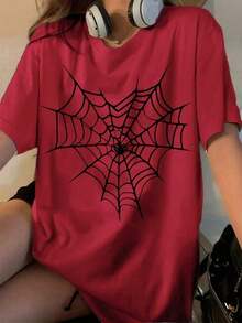 Women's T-Shirt With Large Spider Web Print Heart-Shaped Web - 紫紅色 - 查看 1