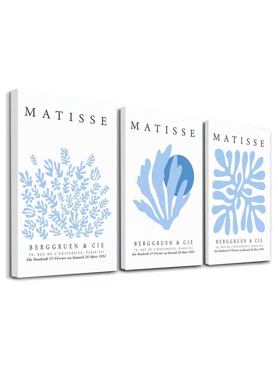Set Of 3 Matiss Wall Art, Exhibition Wall Decor, Blue Plants Canvas Prints, Paris Home Decor, Blue Style Artwork Wall Posters Wall Decorations, Retro Style Room Decor Wall Hanging Poster For Living Room Bedroom Bathroom ,Wall Art With Frame