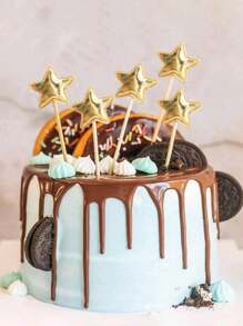50 piezas de decoraciones para cupcakes en forma de estrella de 5 puntas de PU dorado, decoraciones para pasteles, decoraciones para fiestas lindas para bodas, cumpleaños, postres, frutas y comida DIY
