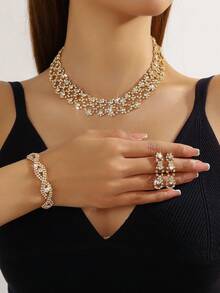 4pcs Rhinestone Embellished Versatile High-End Necklace With Earrings And Bracelet Set, Women Daily, Campus, Wedding, Party, Valentine's Day & Holiday Gift - Exquisite All-match Necklace Set - View 3