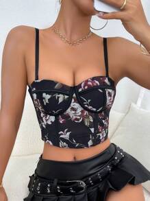 1pc Elegant Sexy French Sheer Floral Fishbone Pattern Fitted Bustier Cami With Padding, Summer