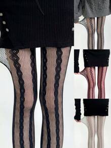 1 pieza Medias de mujer con tejido de punto de cable, de malla fina con estampado de rayas verticales de encaje calado, transpirable, transparente, de estilo gótico oscuro, sexy, de ajuste ceñido