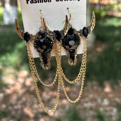 1 Pair Bohemian Style Bull Head Chain Tassel Earrings With Rhinestones, Vintage Gold-Tone Western Style Earring Hooks, Suitable For Daily Wear, A Fashionable Spotlight-Catching Piece For Parties