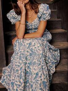 Woman Floral Puff Sleeve Maxi Dress Square Neck Ruffle Flowy Long Dresses Boho Tiered A Line Summer Sundress - 藍色 - 查看 5