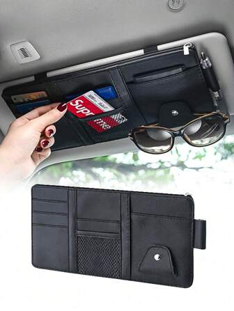 汽车遮阳板收纳袋，多口袋汽车遮阳板收纳袋，汽车遮阳板太阳镜架，皮革口袋收纳袋 - 多口袋时尚眼镜收纳袋，卡片和执照，登记和保险文件夹，卡车和汽车个人物品收纳袋，太阳镜，适合大多数车辆