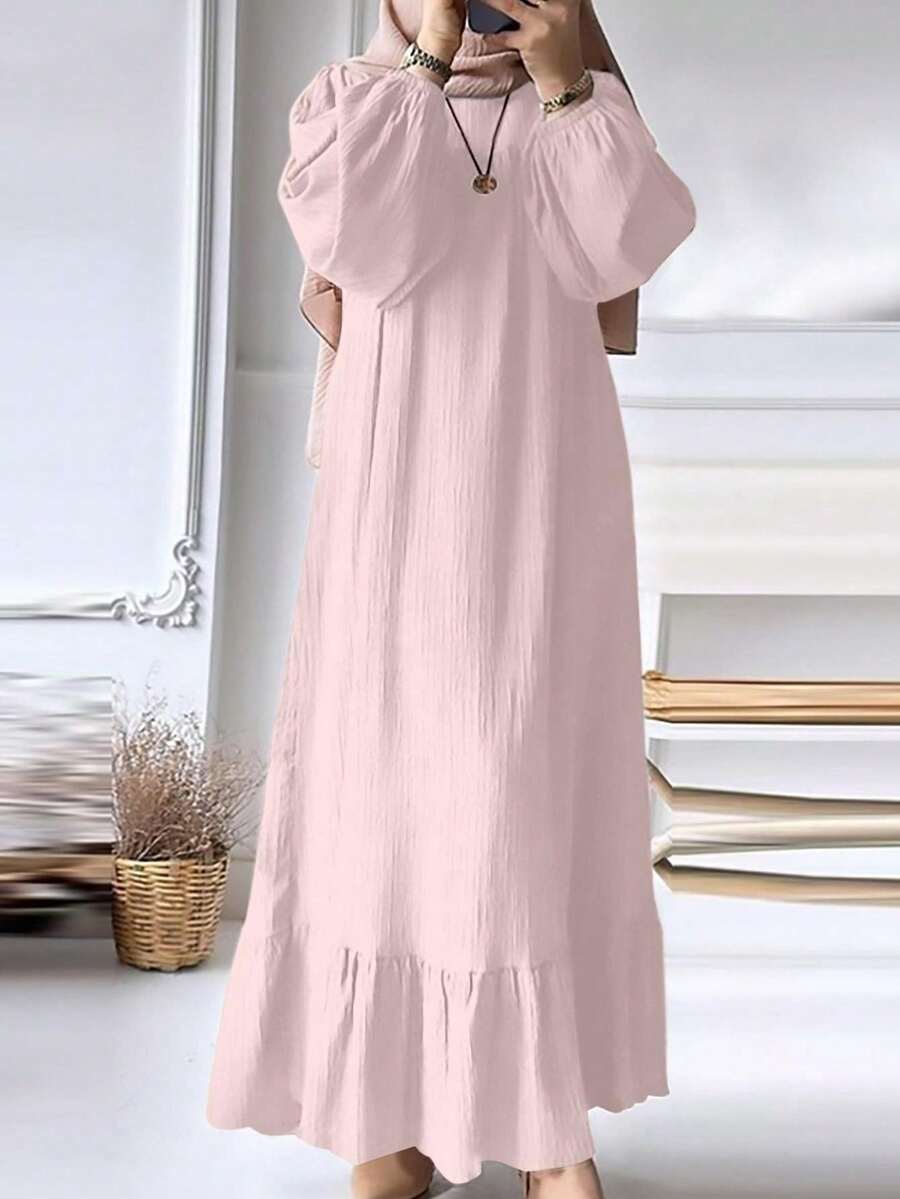 Damen einfarbiges muslimisches Modekleid mit Puffärmeln und Rüschensaum, Frühling/Herbst