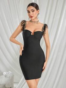 Feather Halter Rhinestone Skinny Wrap Hip Dresses Evening Party Gown, Wedding Guest Dress