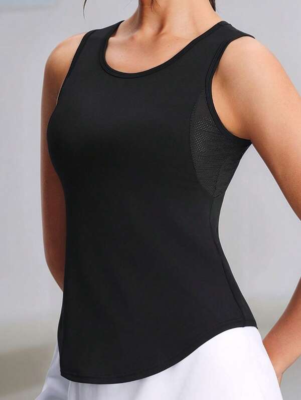 Top sportivo donna taglie comode in in rete traspirante con inserti in patchwork, orlo curvo, per yoga, fitness, running e attività sportive