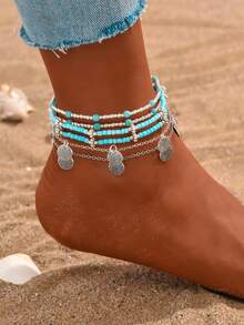 6pcs Boho Round Disc Pendant Beaded Anklet, Versatile Summer Beach Daily Wear Accessory For Women - Blue - View 2