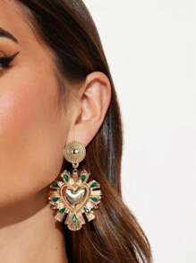 1 paire de boucles d'oreilles style vintage avec pendentif en forme de cœur et faux diamants verts, convient pour le banquet et les tenues de mariage
