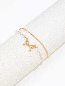 1pc Faux Pearl Bow Beaded Double Layer Anklet, Fashionable Simple Bowknot Anklet For Women - Gold - View 4