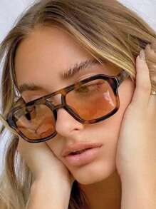 1pc Unisex Tortoise Shell Color Square Frame Double Bridge Pilot Style Fashion Glasses For Vacation Boho Shades Beach Accessories Beach Accessories For Women Glasses Shades Basics Fall Winter Women Outfits Clothes Business Casual Gifts Leopard