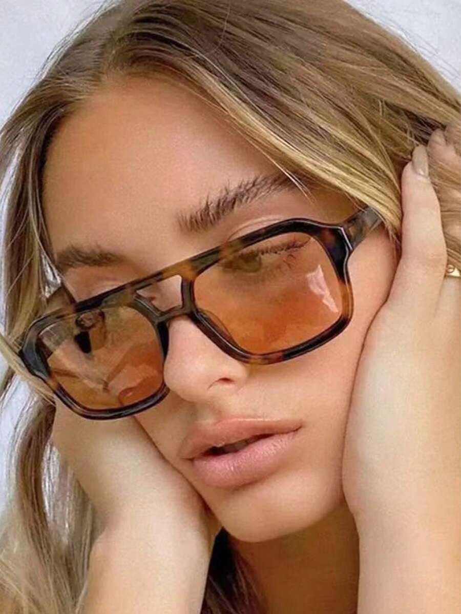 1pc Unisex Tortoise Shell Color Square Frame Double Bridge Pilot Style Fashion Glasses For Vacation Boho Shades Beach Accessories Beach Accessories For Women Glasses Shades Basics Fall Winter Women Outfits Clothes Business Casual Gifts Leopard