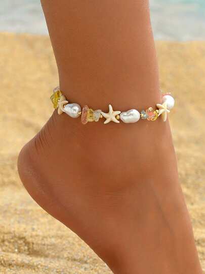 1pc Summer Beach Vacation Faux Pearl Starfish Anklet, Fashionable Sweet Colorful Beaded Handmade Women's Foot Jewelry, Suitable For Daily Wear, Beach Travel, And Dating. The Color Of The Colored Stones Is Random, And The Shape And Size Of The Natural Stones Are Random And Not Fixed, Subject To The Actual Item Received.