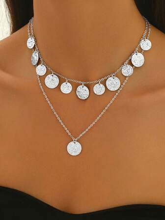 قلادة عملة مزينة بالشرابة قطعة واحدة للنساء، سلسلة قلادة معدنية متعددة الطبقات بطراز بنكي للاستخدام اليومي والهدايا