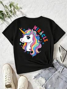 Young Girls' Casual Fashionable Comfortable Unicorn Print Short Sleeve T-Shirt, Spring/Summer