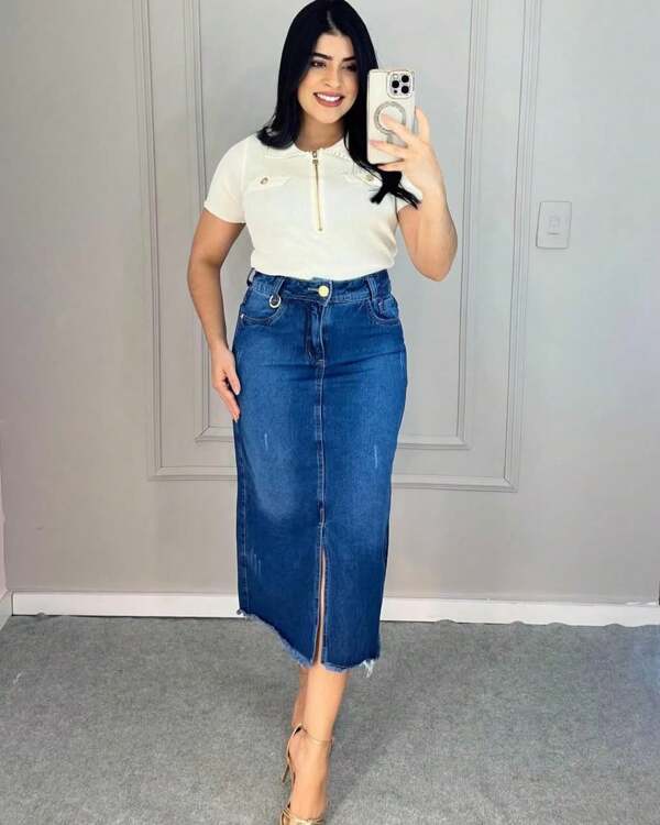 Saia midi    elegante  Casual  Jeans        Escritório  Diário  Festa do chá de bebê  Jardim  Rua