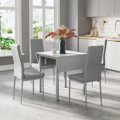 Dining Table And Set Of 4 Chairs, Grey Drop Leaf Kitchen Table With Grey PU Leather High Back Chair