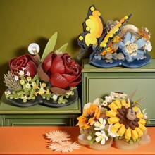 Set de bloques de construcción de flor eterna, ornamento de escritorio, juguetes de bloques de construcción DIY para niños y niñas, apropiado como ornamento de escritorio o como regalo para amigos, Navidad, Pascua, Acción de Gracias, regalos de cumpleaños