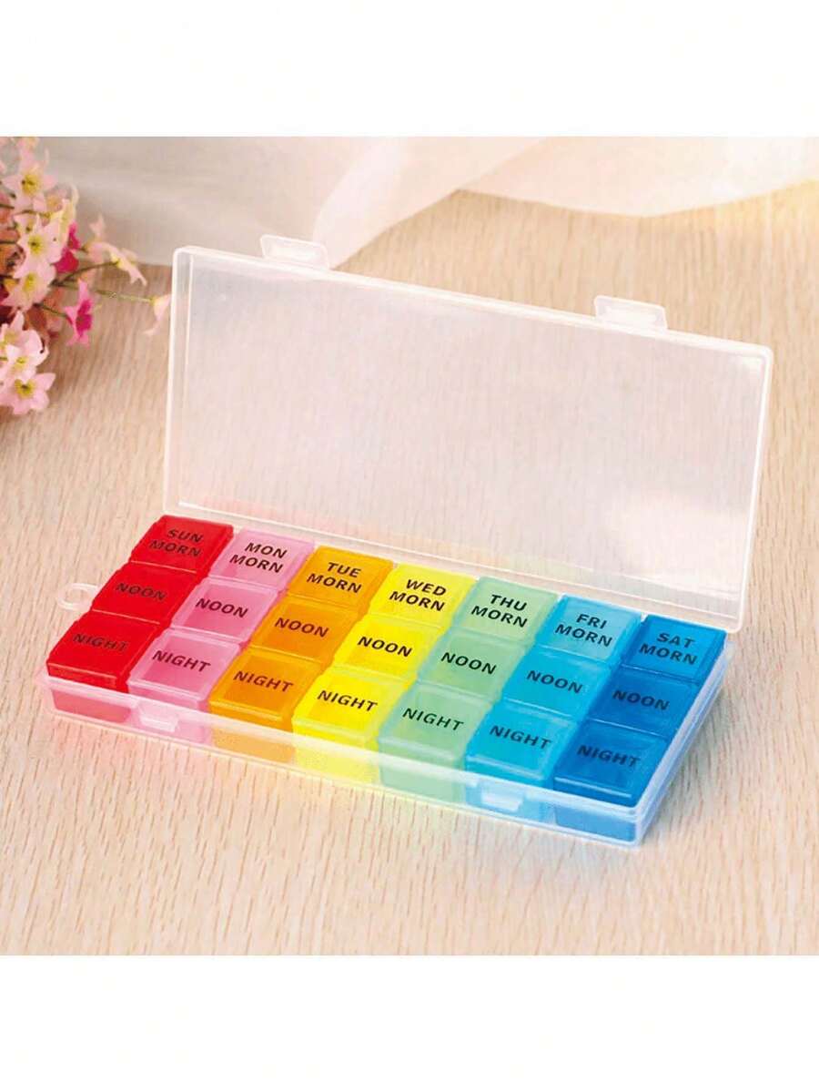 1pc 21 Compartment Colorful Pill Organizer Box, 1pc 14 Compartment Blue & Purple Pill Organizer Box - Portable, Large Capacity Pill Box, Durable Plastic, Easy To Use With Date And Time Labels - Great For Daily Medication Management - Multicolor - View 1