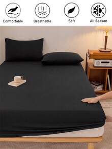 1pc Black Polyester Fitted Sheet, Soft & Breathable, Deep Pocket Design, Modern Style, Suitable For All Seasons, Suitable For Hotels - Black - View 2