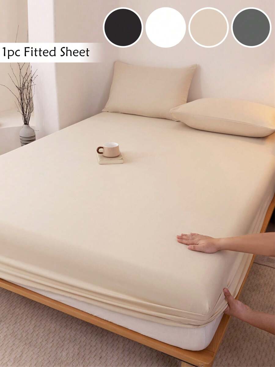 1PC Khaki Polyester Fitted Sheet Only, Soft & Breathable Deep Pocket Modern Fitted Sheet For All Seasons Hotel