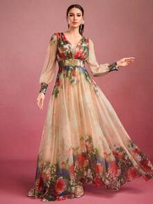 Vestido elegante con cuello de corazón, estampado floral aleatorio, puño con volantes y diseño de colorblock para mujer - Multicolor - Ver 4