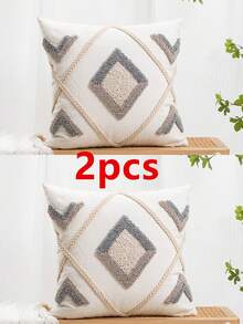 1 或 2 个几何菱形图案枕套，帆布亚麻混纺，刺绣编织装饰，适用于卧室、客厅、沙发、汽车、花园、假日、所有季节，30 * 50 厘米，45 * 45 厘米（不含枕芯） - 灰色 - 查看 12