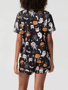 Women Halloween Pajama Set, Ghost Pumpkin Print Short Sleeve Button Closure Top With Shorts Sleepwear Loungewear - màu đen - Xem 6