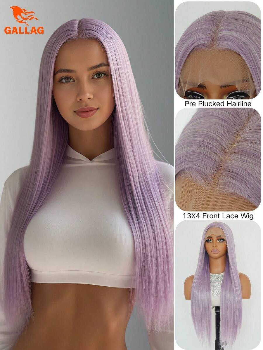 Light Purple Lace Front Wig , 24 Inch Long Straight Heat-Resistant Synthetic Wig 13x4 HD Transparent Free Part For Parties & Cosplay Use - 紫色 - 查看 1