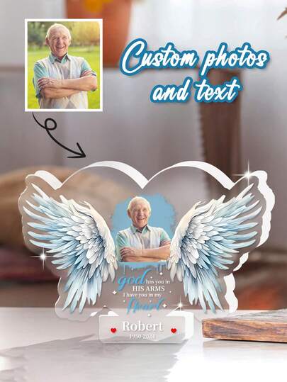 Customized Angel Wings Memorial Plaque, Memorial Series, Heart-Shaped Design, Decorated With Exquisite Feathers, Acrylic Desktop Ornament, Can Customize Photos As Memorial Gifts For Loved Ones, Can Upload Photos And Text, Pattern Printing,Home Decor Living Room , Industrial