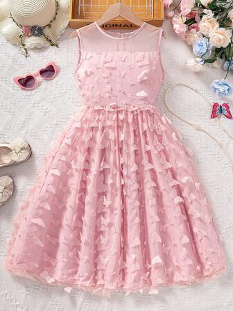 1 件 Tween 女童网眼拼布太阳裙，蝴蝶网眼工字背心裙，夏季