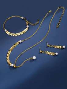 One Set Of Women Fashion Jewelry Including One Necklace, One Pair Of Earrings, One Bracelet In Golden Color With Wheat And Faux Pearl Design, Delicate Texture And Luxurious Style, Perfect For Festival Gift Giving