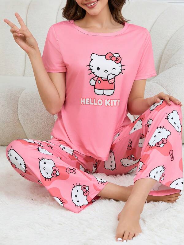 Sanrio 2pcs/Set Sanrio Hello Kitty Print Women Casual Pajama Set, Short Sleeve Crew Neck Top And Loose Pants
