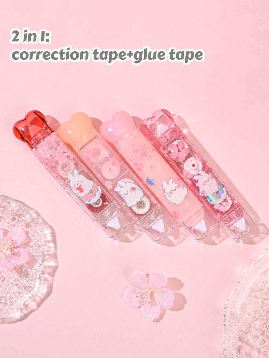 1/4 PCS Dot Glue Correction Tape 2-In-1 Cute Cherry Blossom Rabbit Correction Tape Stationery For School Office Supplies - Multicolor - View 1