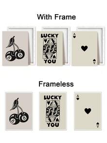 Set Of 3 Luck Wall Art Decor, Playing Cards Canvas Print Wall Painting, Games Poster, Cherries Art Prints, Symbols Paintings, Gambling Decorative Artwork, Home Decor, Room Aesthetic, Posters, Ideal Gift ,Wall Art With Frame