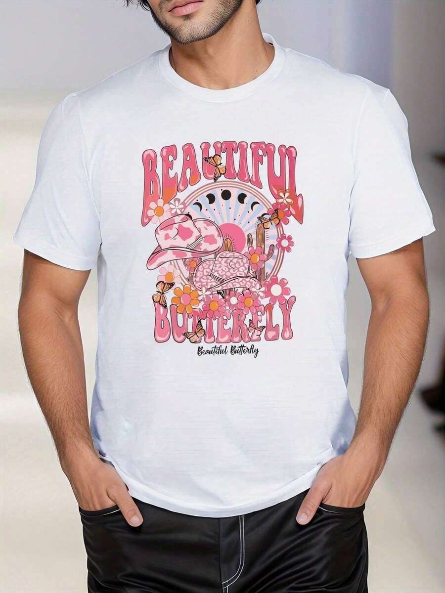 Camiseta blanca con estampado de mariposas y flores ,220 g/m², nueva camiseta informal de verano de algodón con cuello redondo y manga corta (1 unidad) - Blanco - Ver 1