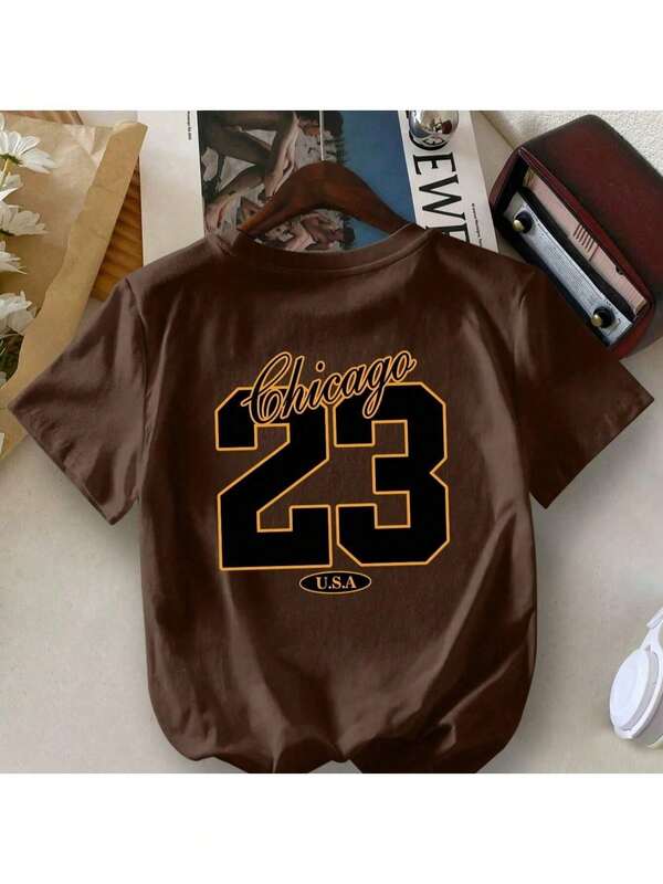 Camiseta infantil CHICAGO 23 estampa frente e costas Blusa Casual de Manga Curta, Gola Redonda, Estampa Esportiva Chicago 23, para Meninos Jovens