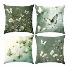 4pcs Green Butterfly Floral Print Throw Pillow Covers [No Pillow Insert], 17.7*17.7in(45*45cm), [Single-Sided Print] Farmhouse Style Polyester Cushion Covers For Sofa, Bed, Living Room, Bedroom, Car, Office, Hotel Decor, Perfect Gift For Family And Friends, For All Seasons - Multicolor - View 1