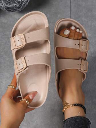 女士时尚米色平底凉鞋，可调节双扣 EVA 轻便一脚蹬拖鞋，带柔软垫子，防滑耐用，适合户外/沙滩穿着