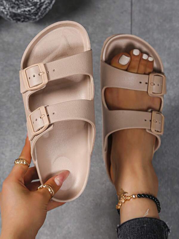 Sandali piatti alla moda da donna beige, con fibbie doppie regolabili in EVA leggeri, slip-on con cuscinetto morbido, antiscivolo e durevoli per uso all'aperto e in spiaggia