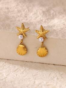 1 par de brincos com pingente de concha de estrela-do-mar, pérola falsa, para mulheres, cor dourada, aço inoxidável, joias para festa de verão na praia, presente