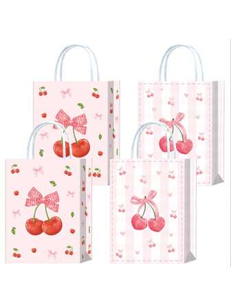 [5pcs/Set, 2pcs/Set] Birthday Party Gift Packaging Shopping Bags, Cherry Pattern Fashion Handbag, Creative Gift Packaging Bags, Cartoon Pattern Girly Gift Bags, Cherry Bow Party Gift Packaging Bags, Colorful Printed Cartoon Kraft Paper Gift Bags, Random Style